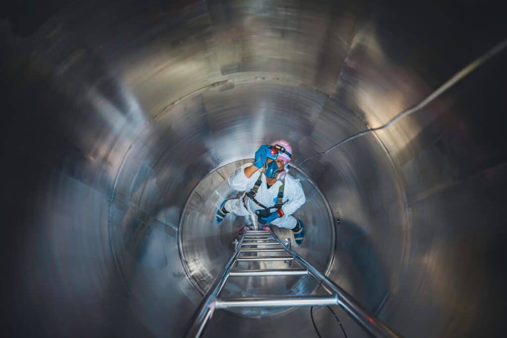 Top,View,Male,Climbs,Up,The,Stairs,Into,The,Tank